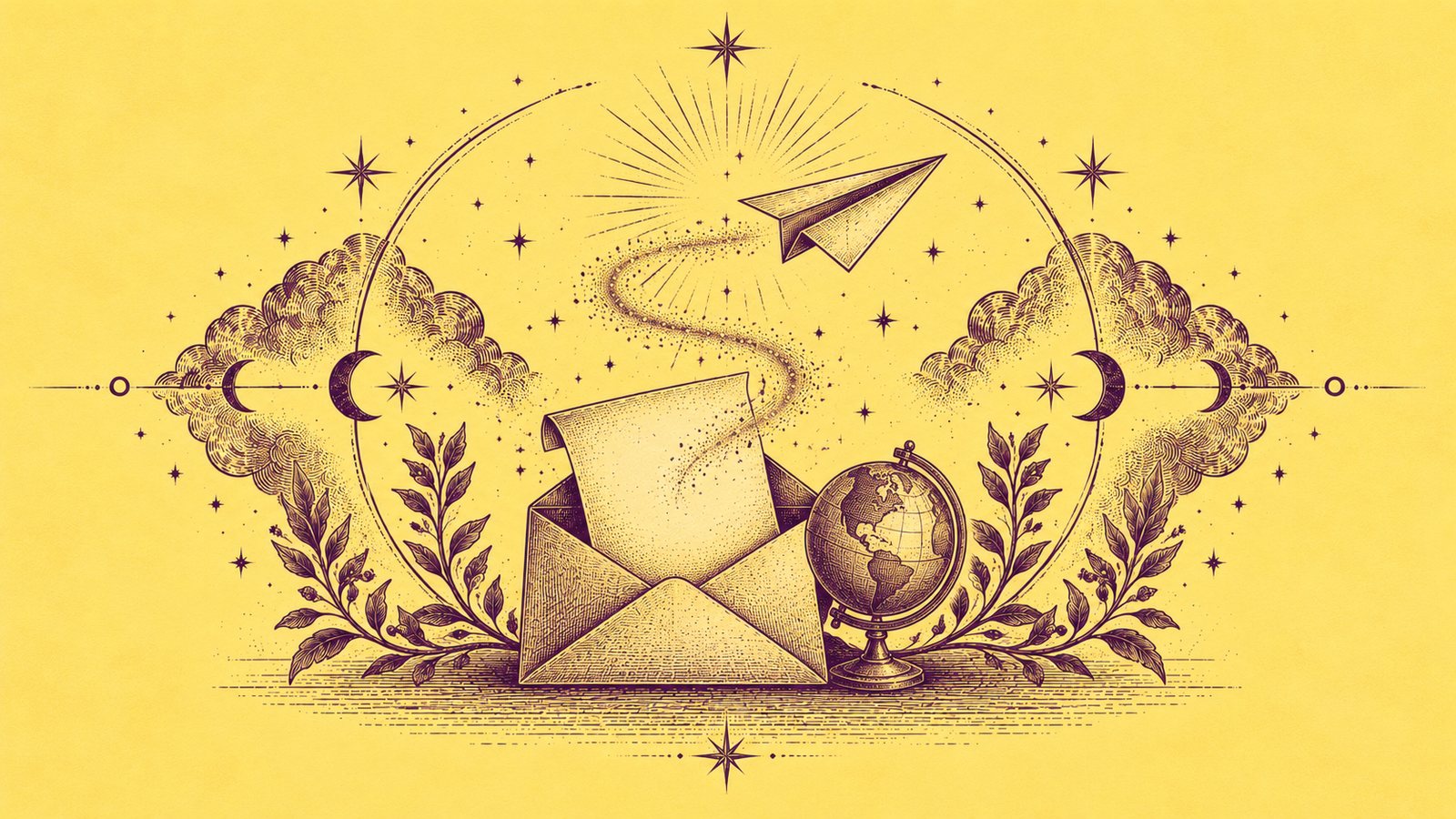 A purple engraved letter, globe, and rising paper plane on yellow parchment.