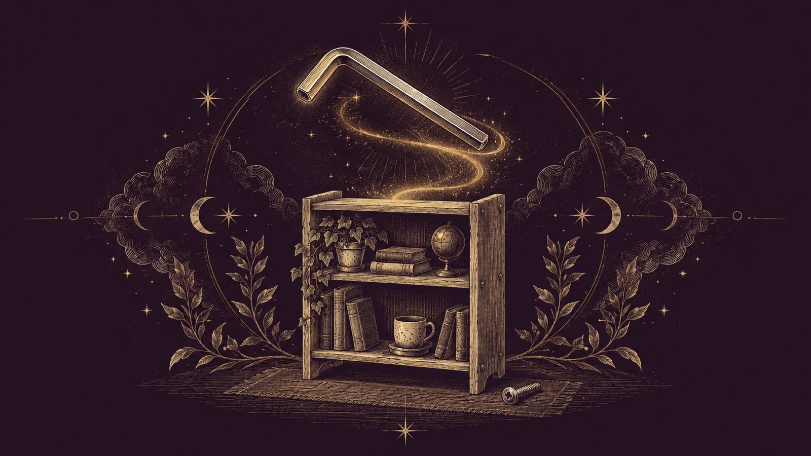 An Allen key casts a golden curl of light over a small bookshelf, with a spare screw beside it.