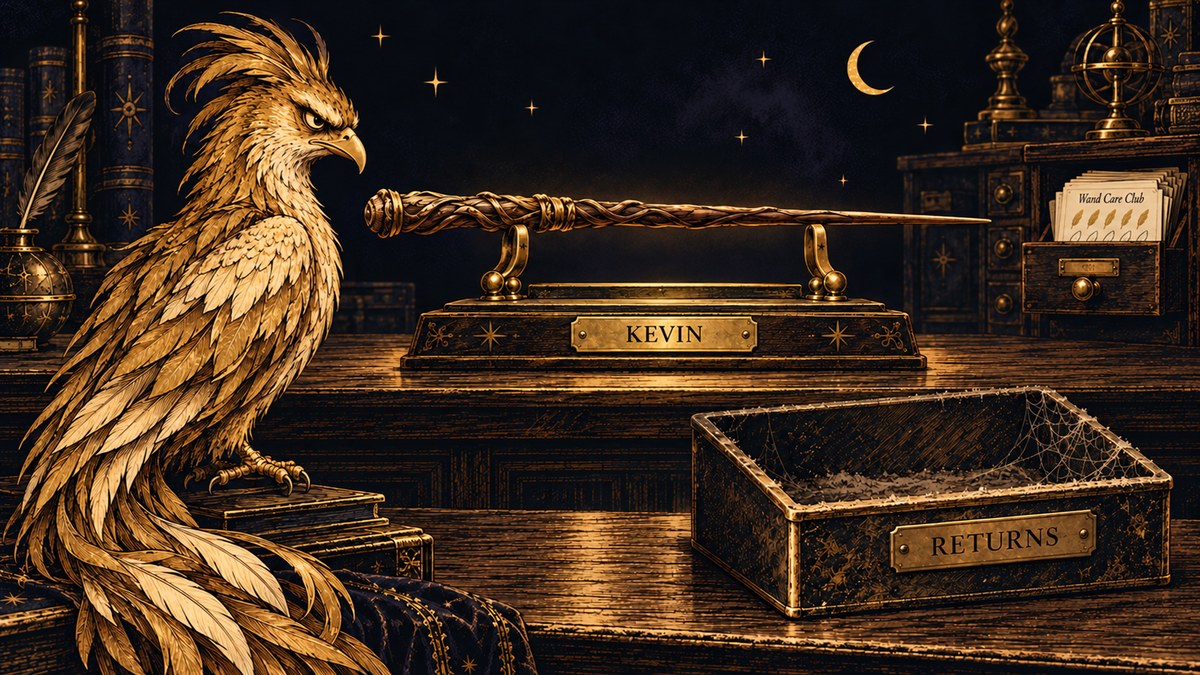 A golden phoenix perches beside a wand on a display stand labeled Kevin, next to an empty box marked Returns and a Wand Care Club card.