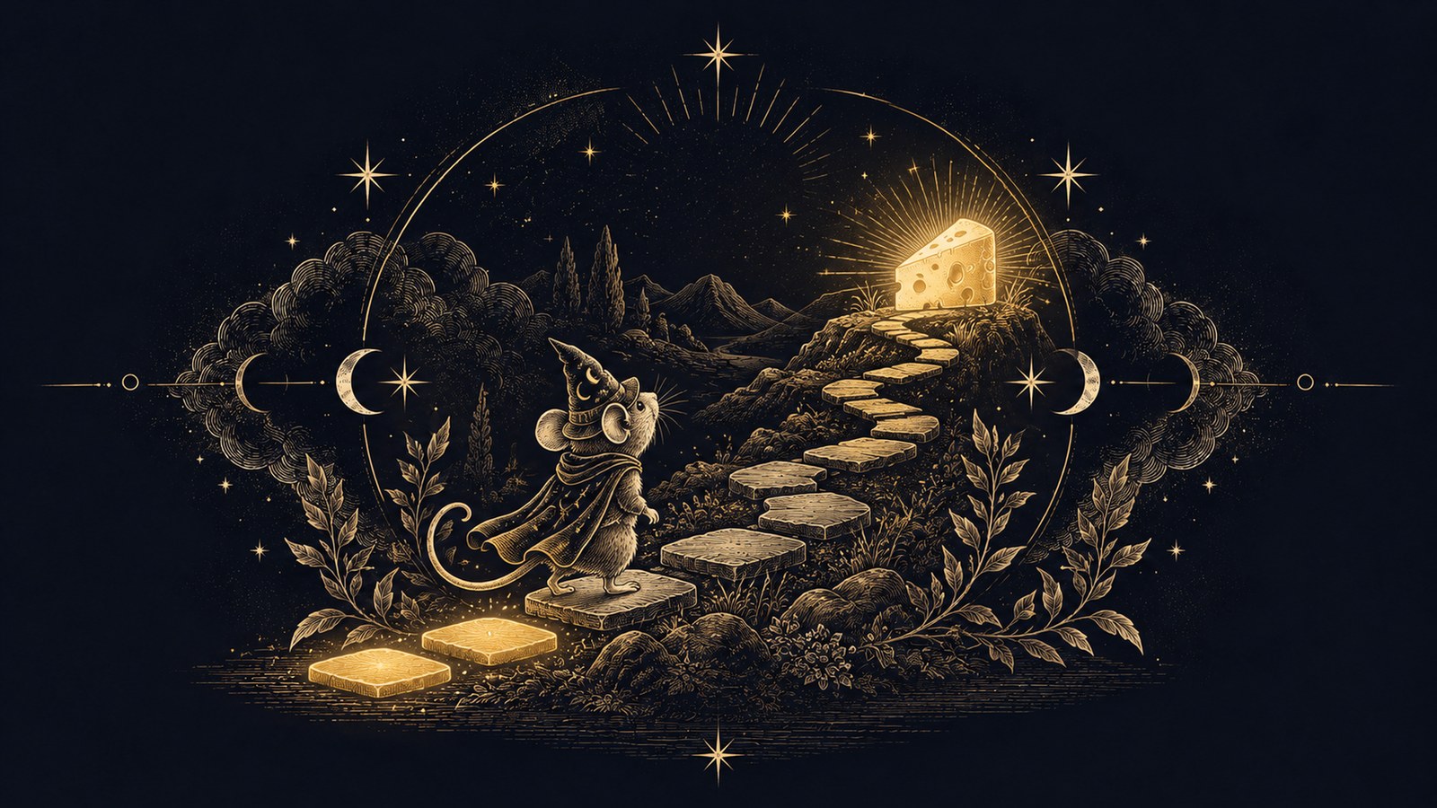 A small wizard mouse climbs glowing stepping stones toward a golden wedge of cheese, drawn in gold on a night sky.