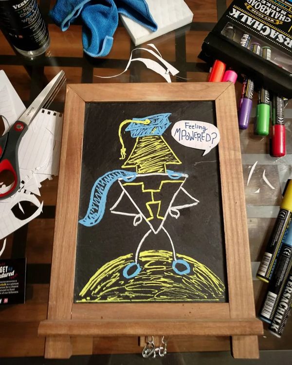 Chalkboard: A caped superhero standing on a planet, asking