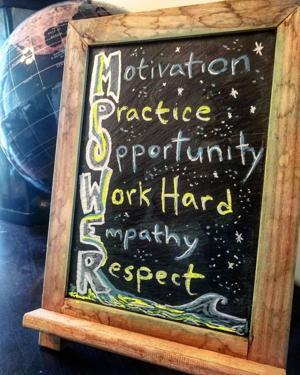 Chalkboard: MPOWER spelled down the side: Motivation, Practice, Opportunity, Work Hard, Empathy, Respect.
