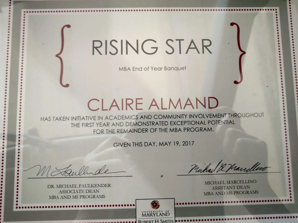 The First-Year Rising Star Award certificate made out to Claire Almand, May 2017.