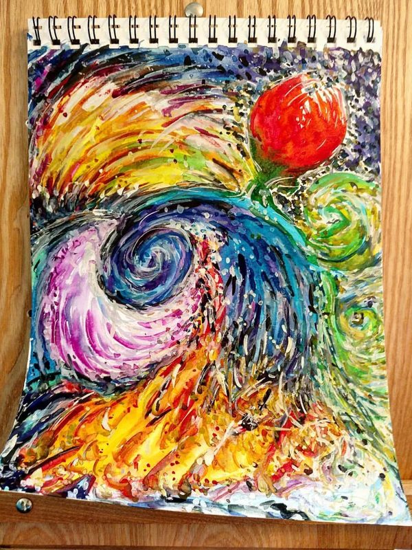 A swirling painting in blue, orange, and white with a red bloom, on a spiral sketchbook.