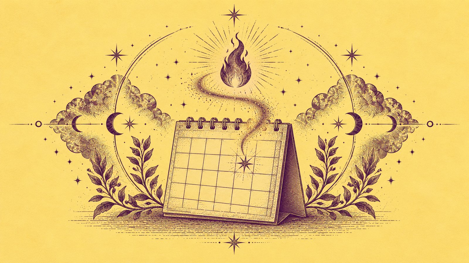 A purple engraved calendar with a starred date and a floating flame on yellow parchment.