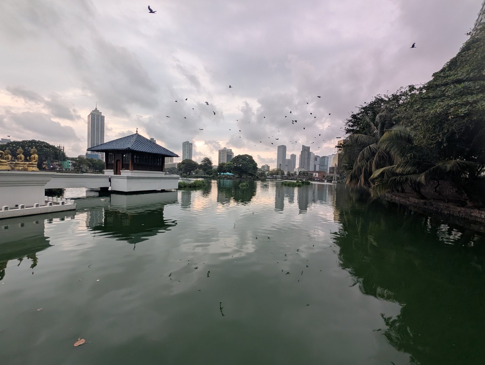 A temple pavilion on a lake in Colombo, with birds over the city skyline.
