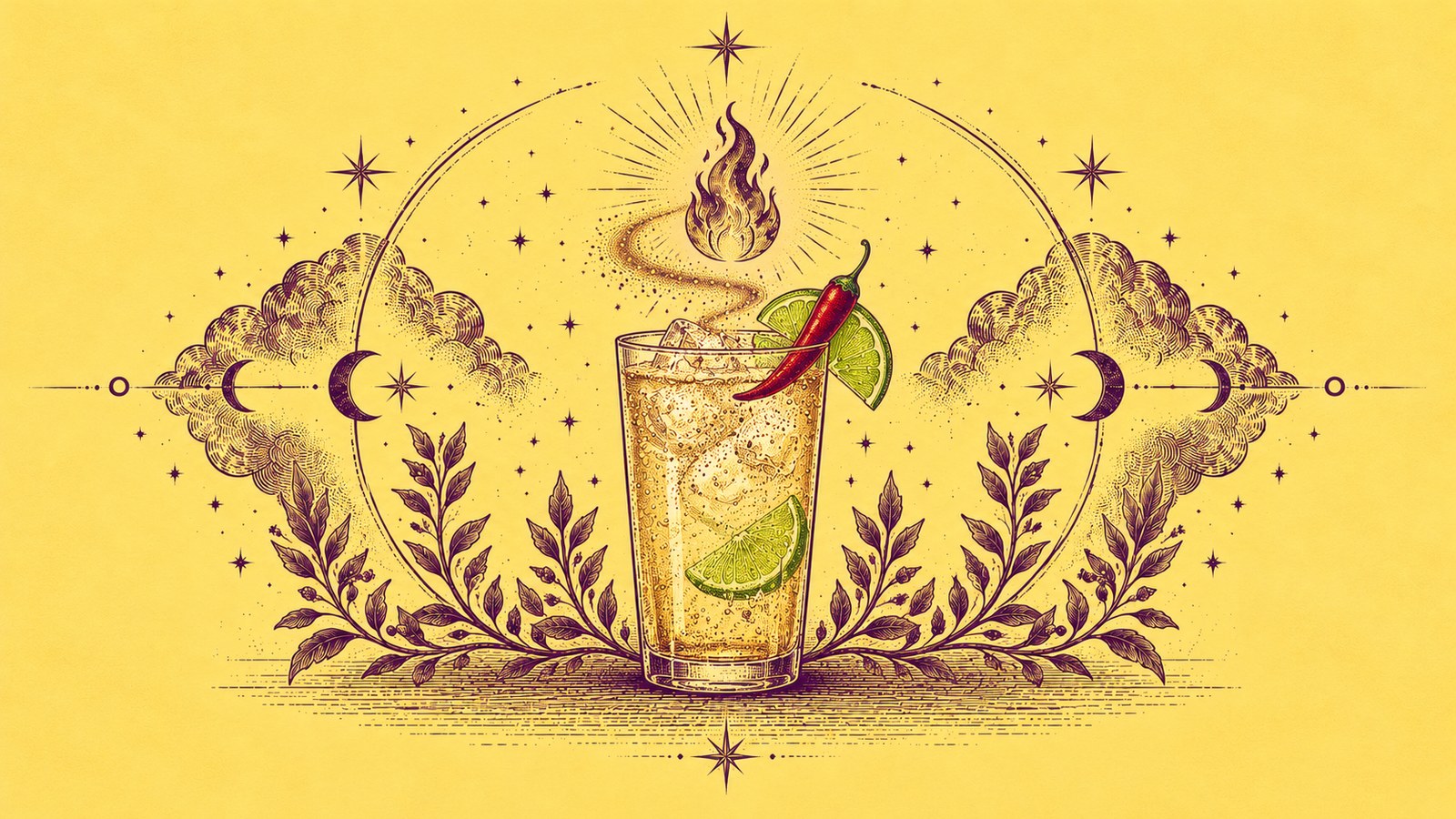 A tall glass of sparkling chili-lime-ginger soda with a red chili and lime on the rim, a small flame rising from it, engraved in purple on yellow parchment.