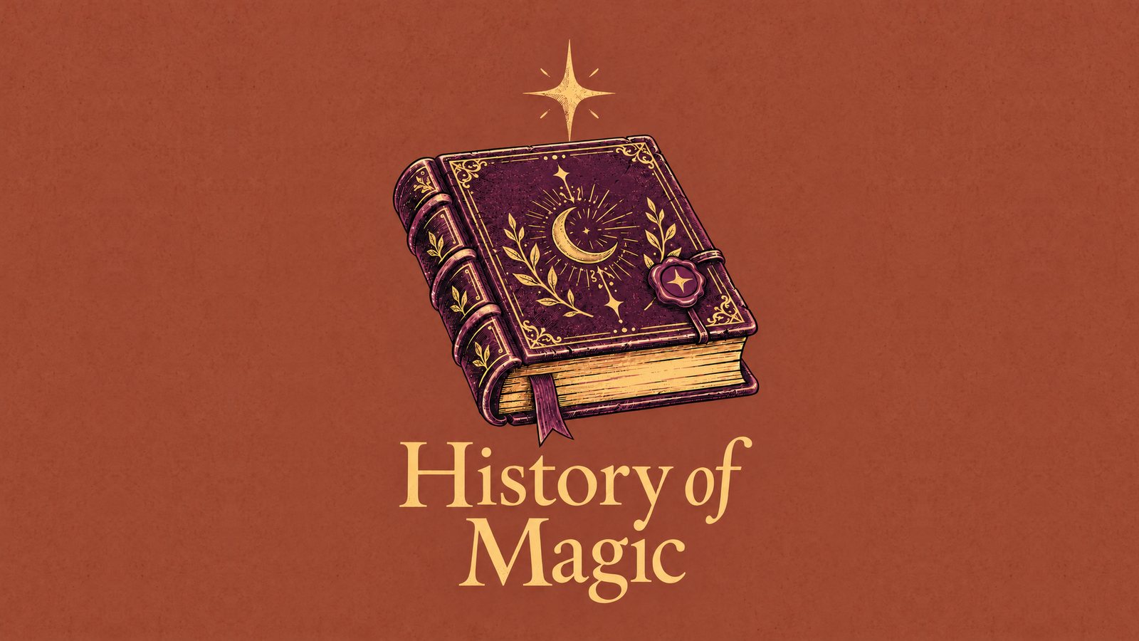 An engraved spellbook with a crescent moon on its cover, a star above it, and the words History of Magic.